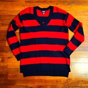 CHAPS Red and Navy Blue Striped Long Sleeve Sweater Cottagecore Cozy Warm